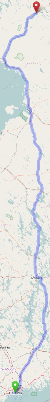 Helsinki—Rovaniemi kartalla (Openstreetmap)