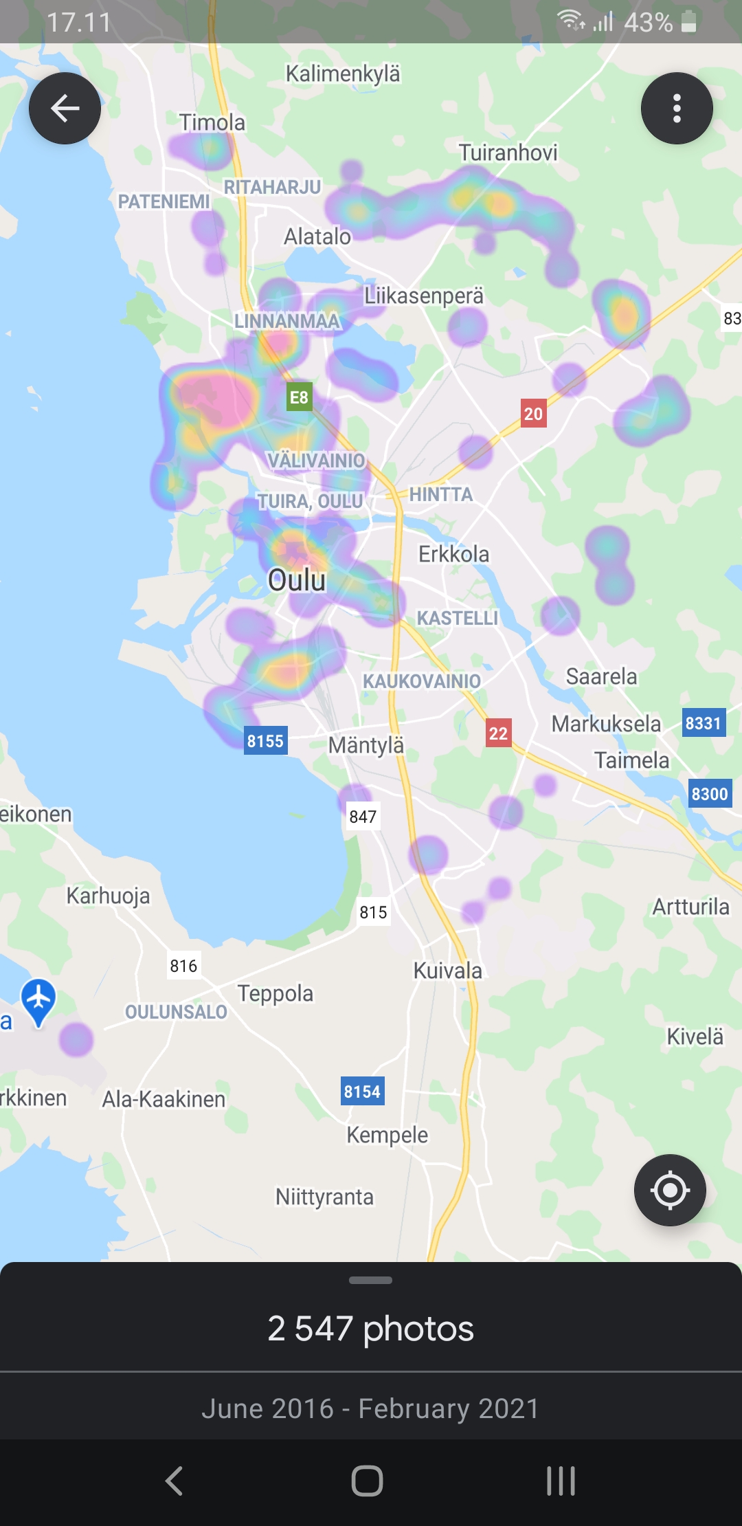 Kartta Oulun alueelta. Kartan päällä pilvimäisiä värialueita, joista enin osa kaupungin pohjoispuolella.