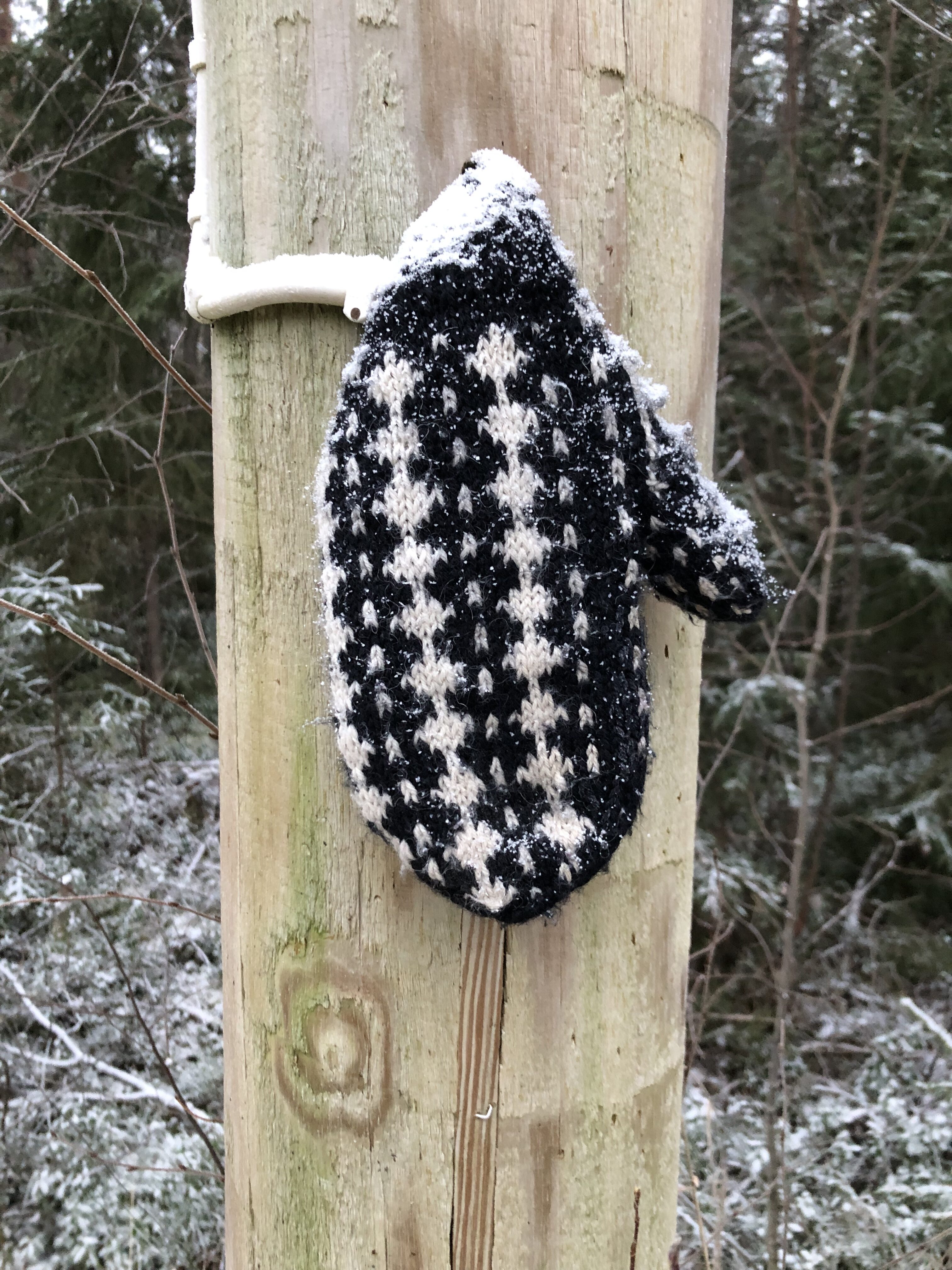 Mustavalkoinen, neulottu lapanen ripustettuna painekyllästetystä puusta tehtyyn valaisinpylvääseen. Taustalla metsää. Ohut lumikerros maassa, ja lapanenkin hieman luminen.