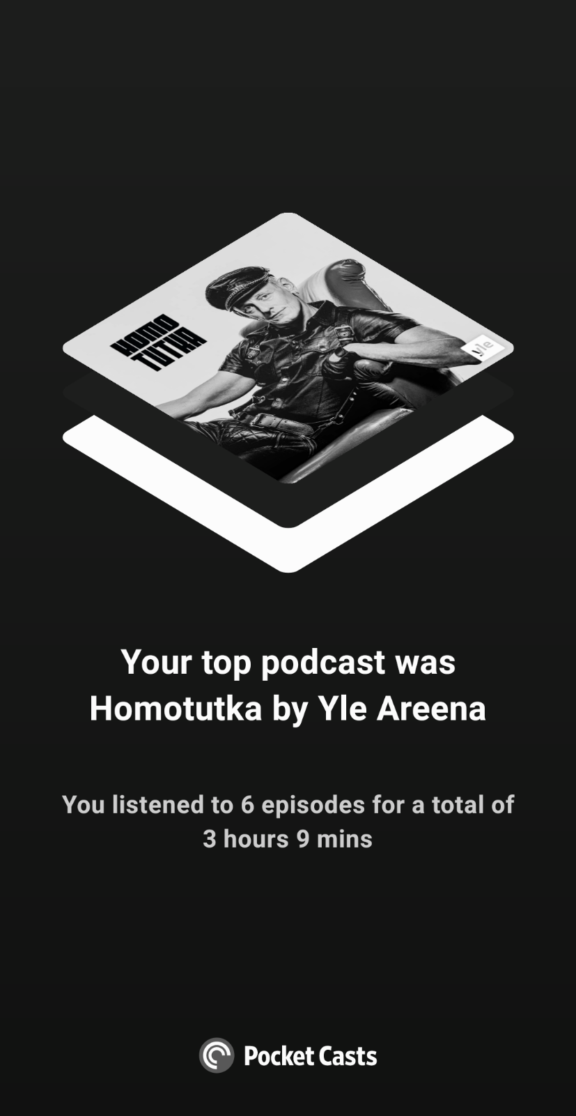 Your top podcast was Homotutka by Yle Areena. You listened to 6 episodes for a total of 3 hours 9 mins.