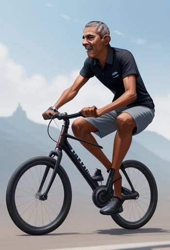 Barack Obama (liian pienen) maastopyörän selässä. (Tekoälyn tuottama konseptikuva.)