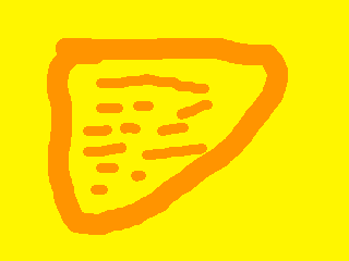 Keltaisella taustalla oranssi, pehmeäkärkinen kolmio, jonka kaksi kulmaa ylhäällä, kolmas alhaalla vasemmalla. Kolmion sisällä tekstirivejä edustavaa töherrystä.